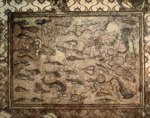 ローマの芸術: 魚のモザイク。 3世紀初頭。 タラゴナ。 国立考古学博物館。 作： Roman