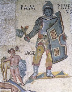 剣闘士間の戦い、短剣と盾で武装した剣闘士の詳細、AD 320（モザイク） 作： Roman