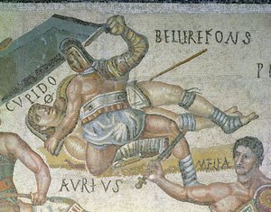 剣闘士間の戦い、剣闘士の詳細を地面に固定、西暦320年（モザイク） 作： Roman