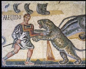 山猫に対する剣闘士の戦い、山猫を駆け抜ける剣闘士の詳細320 AD（モザイク） 作： Roman