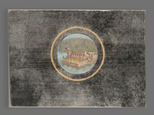 トンドの風景のある黒地のフレスコ画の断片、西暦50〜79年（フレスコ画） 作： Roman