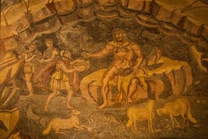 サイクロプスの床のモザイク、Villa Romana del Casale、Piazza Armerina、シチリア、イタリア (写真)