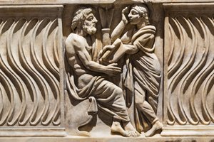 石棺の装飾、哲学者とミューズの像（大理石 作： Roman