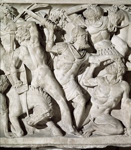 ローマ人とガラティア人の石の間の戦いを描いた石棺の詳細