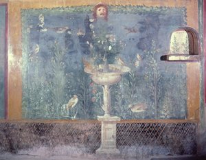 イタリア、ポンペイ、貝殻のヴィーナスの家、泉と仮面と鳥（フレスコ画 作： Roman
