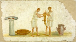 食事の準備をしたフレスコパネルの断片、c.100-150 作： Roman