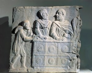 両替人を描いた石棺の断片（ローマ、ヴィアーレ・デル・レより