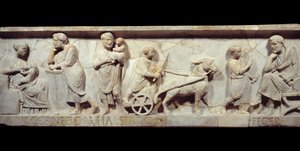 マルクス・コルネリウス・スタティウスの石棺の断片 紀元後150年頃 - 古代ローマローマの石棺の顔。生まれてから学ぶまでに成長する子供の人生の場面。パリ、ルーヴル美術館（Musee Du Louvre 作： Roman