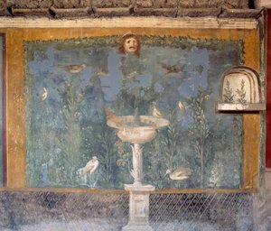 ポンペイの貝殻のヴィーナスの家の噴水、仮面、鳥のフレスコ画（ユネスコ世界遺産登録
