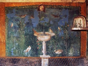 泉と仮面と鳥のフレスコ画、貝殻のヴィーナスの家、ポンペイ、カンパニア、イタリア、ローマ文明圏