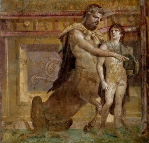 ギリシャ神話：ケンタウロスのカイロンとアキレスの子供。ヘルクラヌムのバシリカ（Basilica di Ercolano）のフレスコ画。ローマ美術 ナポリ国立考古学博物館 - ギリシャ神話：ケンタウロスのカイロンとアキレスの子供、またはCによるアキレスの教育 作： Roman