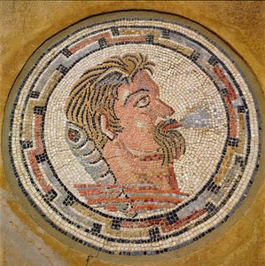 男の頭、オルフェウスの家のローマ時代のモザイク、紀元3世紀（モザイク） 作： Roman