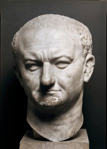 ローマ皇帝ヴェスパシアヌスの頭部（VespasianusまたはVespasiano、9-79 ap.JC）-大理石彫刻、高さ40cm-ローマ、ナツィオナーレ・ロマーノ美術館-ヴァスパシアヌス皇帝（Titus Flavius Vespasianus）の頭部（9-79）-大理石彫刻（高さ40cm）-ローマ、ナツィオナーレ・ロマーノ美術館 作： Roman