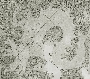 海峡を守っているシラのヘレニズム時代の小石モザイクと、シラの詳細。ディオニソスの家、パフォス、キプロスのモザイク 作： Roman