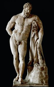 ファルネーゼのヘラクレス ローマのカラカラ温泉で発見されたグリコン大理石の巨像 シシオネのリュシプスのギリシャ語の原型から作られたもので、寸法は3.17m。3.17メートル、JC後3世紀 - ナポリ考古学博物館 - ファルネーゼのヘラクレス - 大理石彫刻（H.31