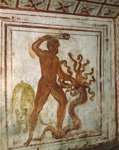 ヘラクレスとレルネアのヒュドラ」フレスコ画 イタリア、ローマ、ヴィア・ラティナのカタコンブ 4世紀 作： Roman