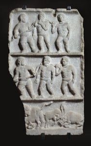 3つのレジスターによる大理石の救済：鎖と動物の奴隷、西暦200年頃（大理石） 作： Roman