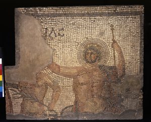 メナンドロスの家のモザイク、ゼウス、3〜4世紀（石灰岩と大理石のテッセラ） 作： Roman