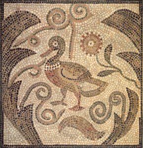 ブドウの木に左向きのアヒルのモザイク（石とモルタル） 作： Roman