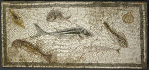 魚を示すモザイクパネル、おそらく西暦3世紀 作： Roman