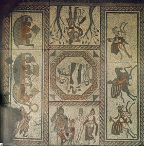 ローハムのローマ時代の別荘からのモザイク舗装。バージルのアエネイス（西暦350年頃）のディドとアエネアスの物語が描かれています。 作： Roman