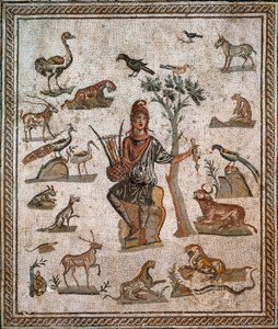 動物に囲まれたオルフェウス 2世紀 作： Roman
