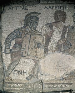 モザイク壁に描かれた2人の剣闘士の絵（キプロス、リマソール、クーリオン 作： Roman
