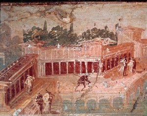 ニンフの間のパンの音楽家、細部（フレスコ画 作： Roman