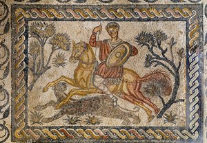 パンサーの狩猟シーン-モザイク、紀元4世紀 作： Roman