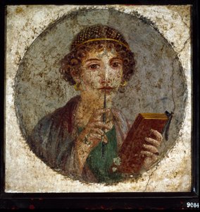ギリシャの詩人サフォ（またはサッポ）を想定したポートレート。本とペン（スタイラスまたはスタイル）を持つローマ人女性（イタリア、ナポリ、ポンペイより