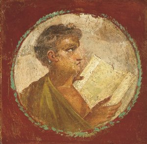 パピルスの巻物を持つ青年の肖像 紀元55-79年（フレスコ画 作： Roman