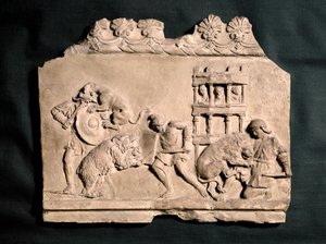 ローマ美術：テラコッタのバス・レリーフ、3人の剣闘士が...
