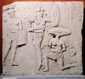 ボローニャのドゥエ・マドンネ地区にある剣闘士の場面を描いたレリーフ、ローマ文明時代