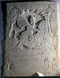イランの神格であるミスラ（またはミトラ）が、神格化された動物である雄牛を屠っている様子を描いたレリーフ。4世紀。ローマ、パラッツォ・デイ・コンセルヴァトーリ。 作： Roman