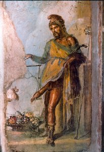 常に勃起している巨大なペニスを持つ、ギリシャの豊穣の神プリアペの表現。ポンペイのフレスコ画の詳細。ヴェティイの家。紀元1世紀。