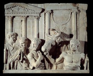 ローマの古代美術。建築用レリーフの断片：生け贄の準備。大理石彫刻、ローマより 作： Roman