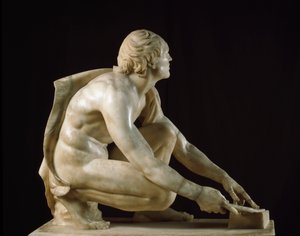 ローマのアート。"A sharpener sharpening his knife" ギリシャの原型に倣った紀元前1世紀のローマの大理石彫刻。薄さ105cm フィレンツェ、ウフィツィ美術館、トリブナ 作： Roman