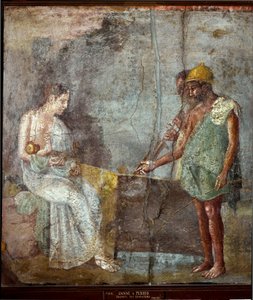 ローマ時代のアート。"ダナエとその息子ペルゼはセリフェの海岸で漁師に発見される" ポンペイのフレスコ画。第3様式。寸法67x63 cm ナポリ国立考古学博物館 作： Roman