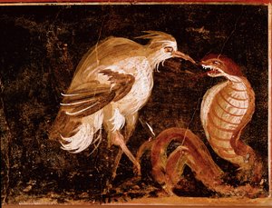 ローマのアート"Fight between a heron and a cobra" Roman fresco from the house of the Epigrams, Pompei, Italy (Fight between a heron and a cobra, fresco from the casa degli Epigrammi, Pompeii) 60-80 A.D. 作： Roman