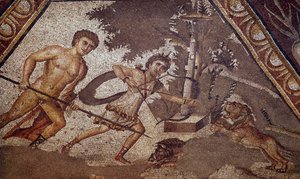ローマ時代のアート。コンスタンティヌスの別荘「ダフネ」の中庭にあった、二人の狩人を表す四季のモザイク。詳細。Antioche-sur-l