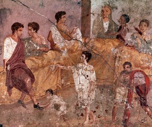 ローマの美術"野外の宴の場面"(Outdoor banquet) ポンペイのトリクリニオの家のローマのフレスコ画(casa del Triclinio, Pompeii) AD40～60年。 作： Roman