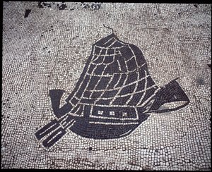 ローマのアート伍代広場にある海の男の公社の「船」モザイク 作： Roman