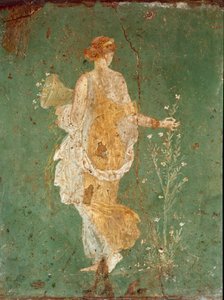 ローマ時代のアート。"春" 花を摘むフローラ（Flora）。ポンペイ近郊のヴァラーノ・ア・スタビエス（Stabiae）の別荘のフレスコ画。紀元前15年から紀元後60年。ナポリ国立考古学博物館 - ローマの芸術。春、花を摘むフローラ。スタビアエのヴァラーノの別荘のフレスコ画