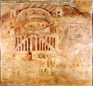 ローマ時代のアート。"紀元59年、ポンペイの円形闘技場におけるノセラの住民とポンペイ人の間の暴力的な闘争" フレスコ画の詳細。紀元1世紀。ポンペイ遺跡から。ナポリ、ナチス考古学博物館 作： Roman