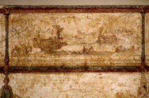 ローマ美術紀元前25-19年頃のフレスコ画「バイレムとトリレメのある海上の光景」。薄さ73 cm ローマ、ローマ国立博物館(o delle Terme) 作： Roman