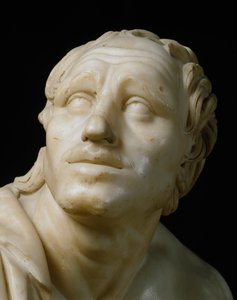 ローマのアート。"A sharpener sharpening his knives" 顔のディテール。ギリシャの原型をもとにした紀元前1世紀のローマの大理石彫刻。薄さ105 cm フィレンツェ、ウフィツィ美術館、トリブナ 作： Roman