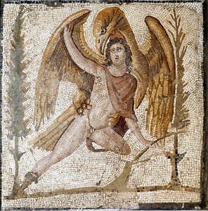 ローマ時代のアート。「鷲に連れ去られるガニメデ」 セプティウス・セヴェール皇帝一族の別荘にあったモザイク。JC後2世紀の終わり。ローマ、ローマ国立博物館（Museo Nazionale Romano