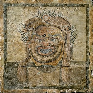 ローマのアート。ローマ劇場のマスク。アンピュリアス（Empurias）のモザイク。紀元2世紀スペイン アムプリアス美術館（Museo di Ampurias 作： Roman
