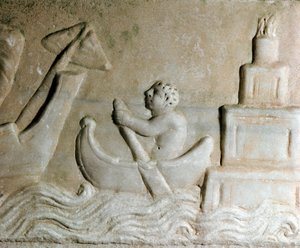 ローマ時代のアート。"オスティア(Ostia)の港で船を誘導する水兵、街の灯台が見える" 紀元1世紀のレリーフの詳細。オスティア、Museo Ostiense 作： Roman