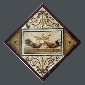 ローマ美術：闘鶏。ポンペイのモザイク。第4様式。ナポリ国立考古学博物館蔵 作： Roman